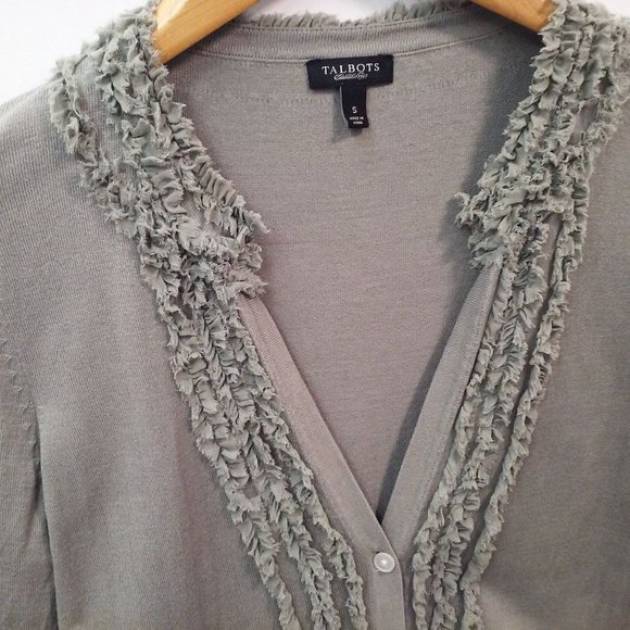 Talbots Silk-Cotton Fine Knit Cardigan Top Ladies sz-Small Fringe V-Neck Sage - Picture 3 of 10
